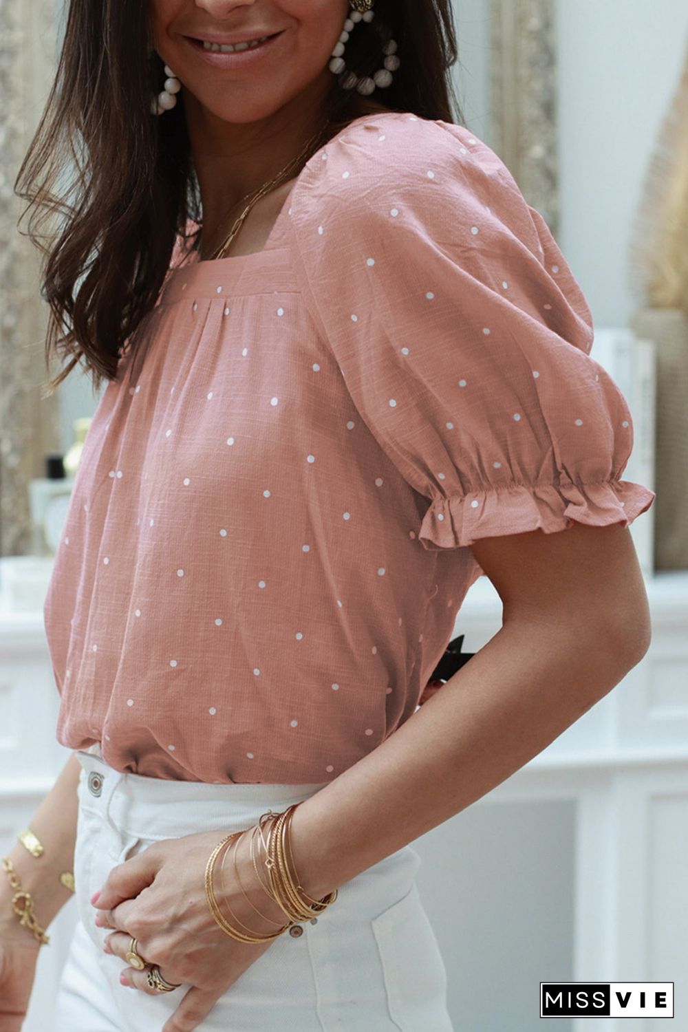 Pink Square Neck Dotted Print Puff Sleeve Blouse with Tie Back