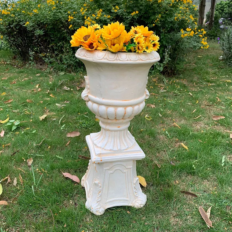 European Outdoor Resin Large Flower Pot Garden Decor Supplies 3D Luxury Carving Roman Columns Floor Vase Ornament