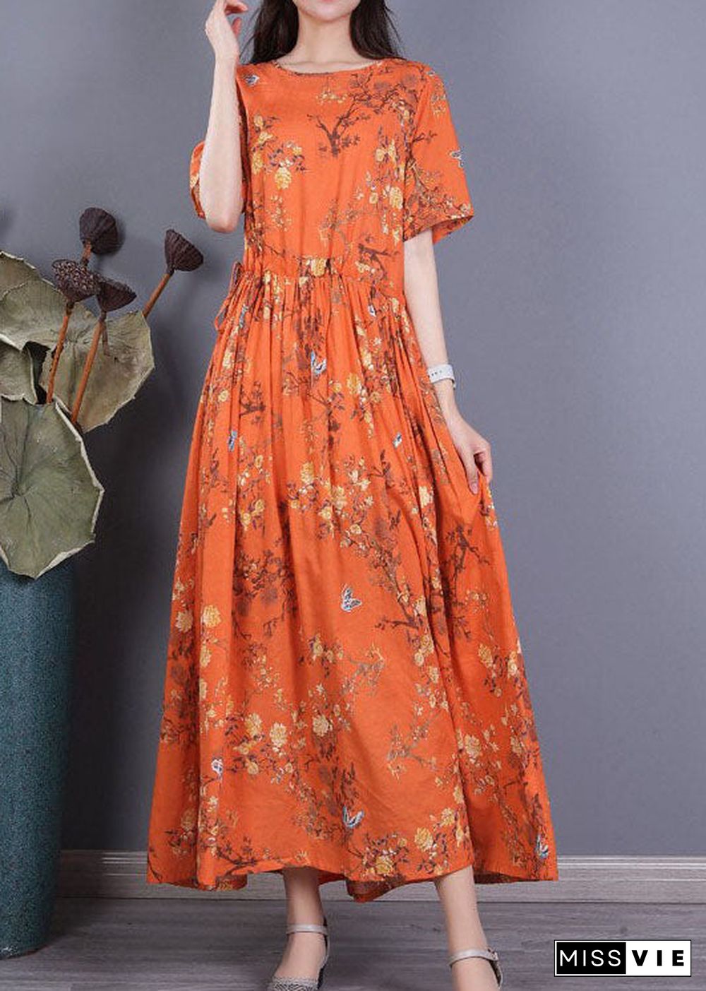 Women Orange Cinched Print Cotton Long Dress Short Sleeve