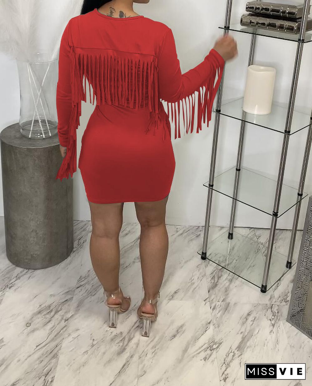 Solid Tassel Back Long Sleeve O-neck Mini Dresses