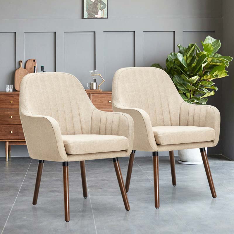 Set of 2 Fabric Dining Chairs, Accent Upholstered Arm Chair with Rubber Wood Legs, Thick Sponge Seat