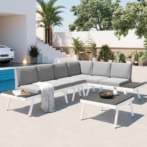 Industrial Aluminum Outdoor Patio Furniture Set Of 5 With End And Coffee Tables White gray Modernluxe