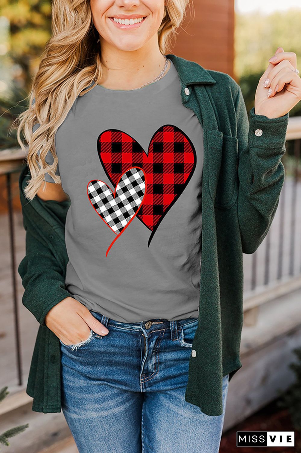 Valentine's Day Plaid Heart Print Short Sleeve Graphic Tee Wholesale