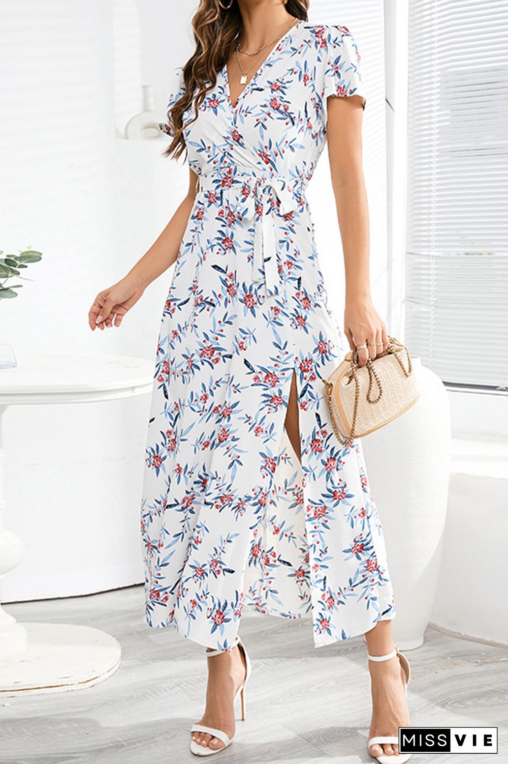 Flower Print Waist Tie Surplice Split Dress