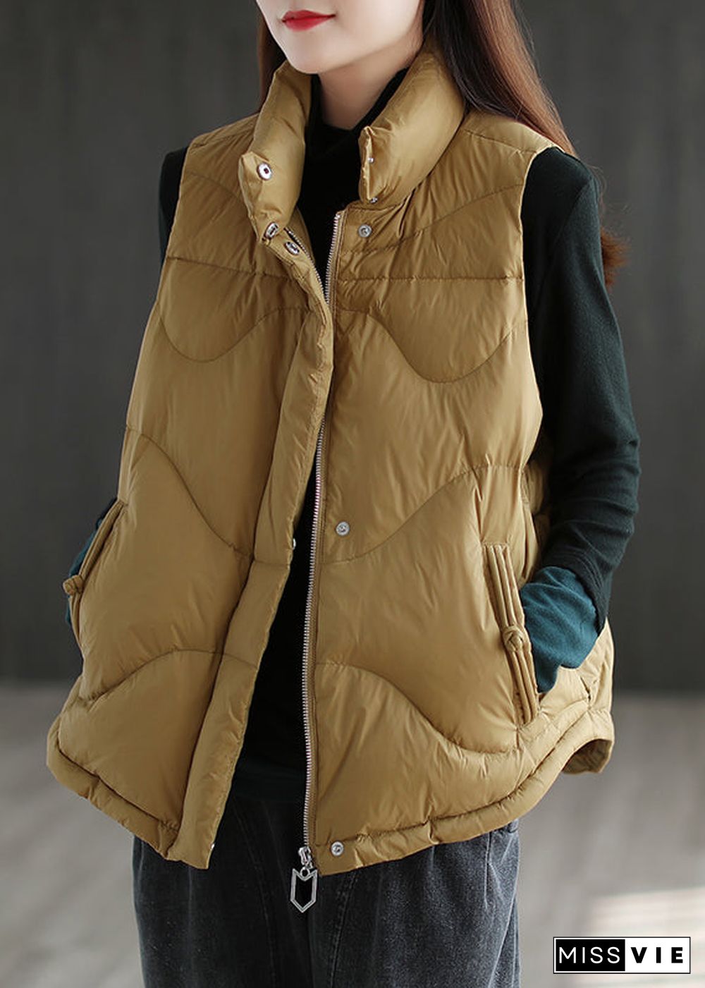 Loose Ginger Stand Collar Pockets Patchwork Duck Down Waistcoat Sleeveless