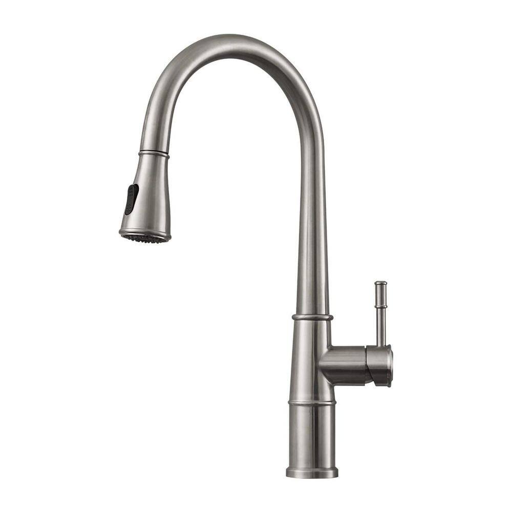 Satico Single-Handle Single-Hole 2-Spray Goose Neck Deck Mount 360-Degree Swivel Pull-Out Kitchen Faucet in Brushed Nickel SCKFDR003