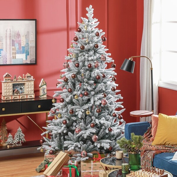 Frosted 7ft or 8ft Snow Flocked Christmas Tree with Quick Setup and Realistic FullBody Design