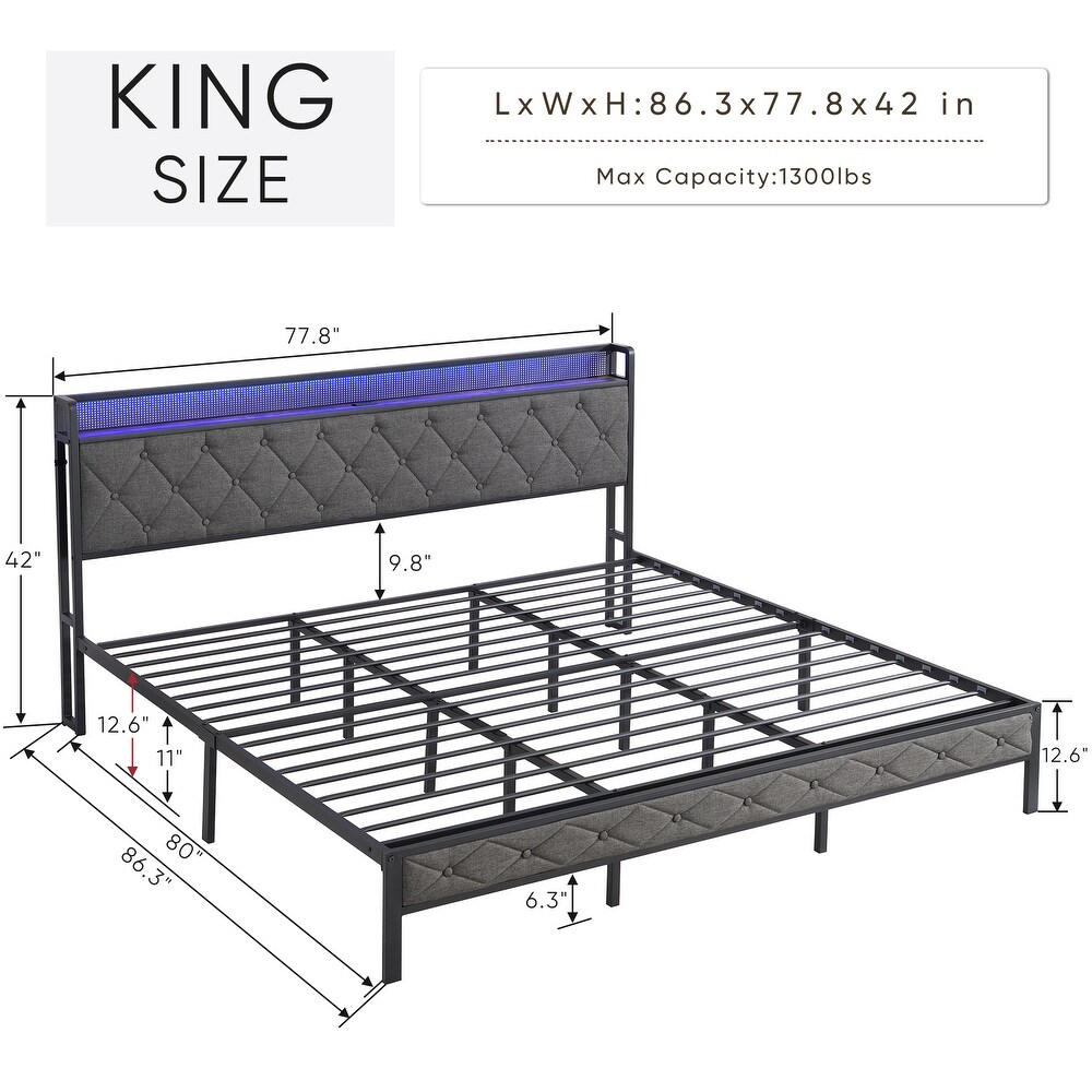 King Upholstered Bed with Storage Headboard Charging Station LED Lights