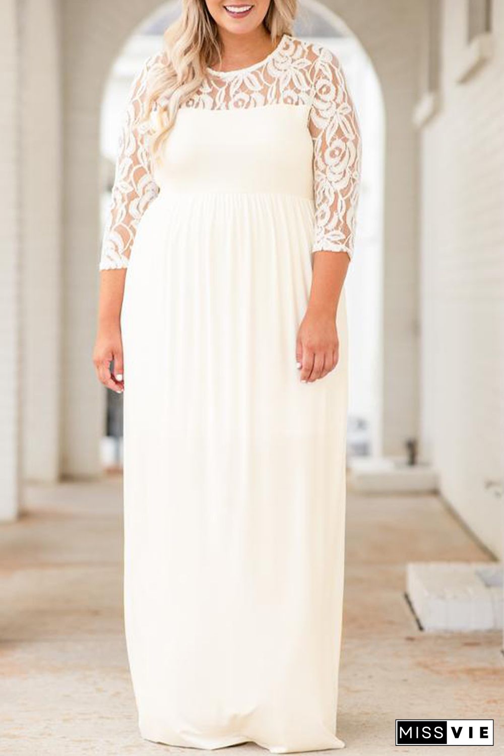 White Plus Size 3/4 Lace Sleeve Yoke Maxi Dress