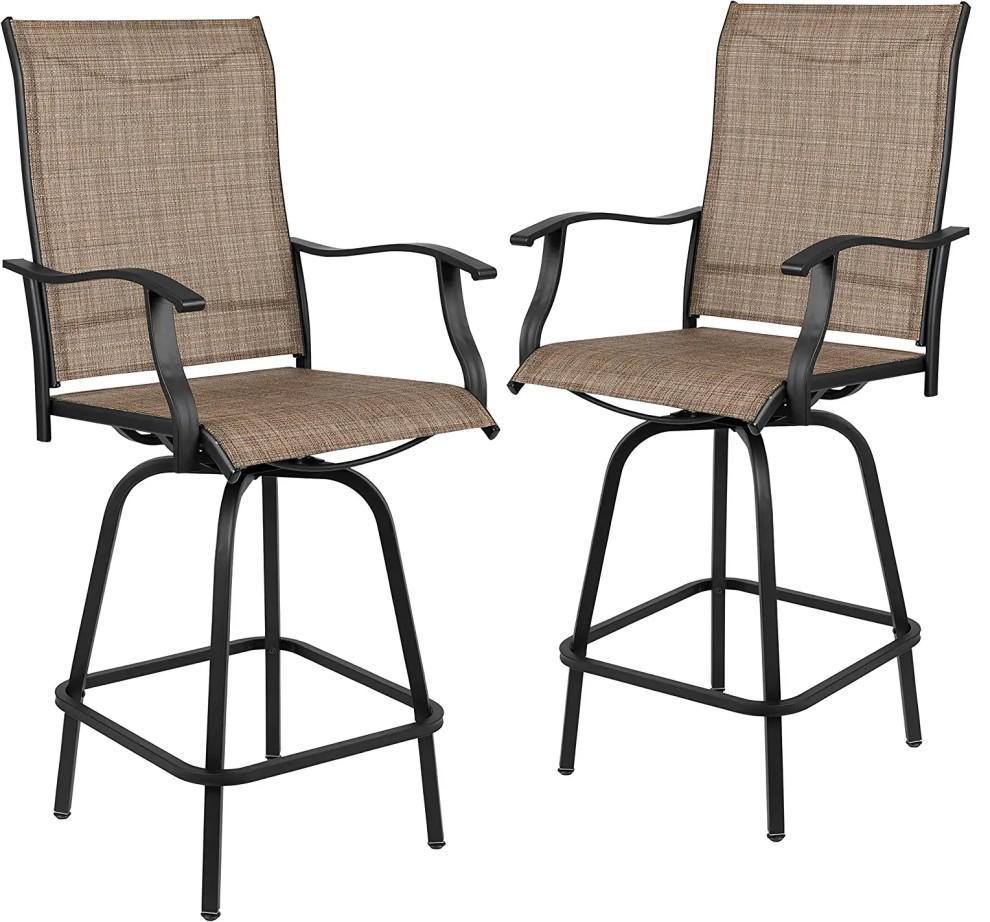 Set of 2 Outdoor Bar Stool  Swiveling Sling Fabric Seat With Curved Arms   Transitional   Outdoor Bar Stools And Counter Stools   by Decor Love  Houzz