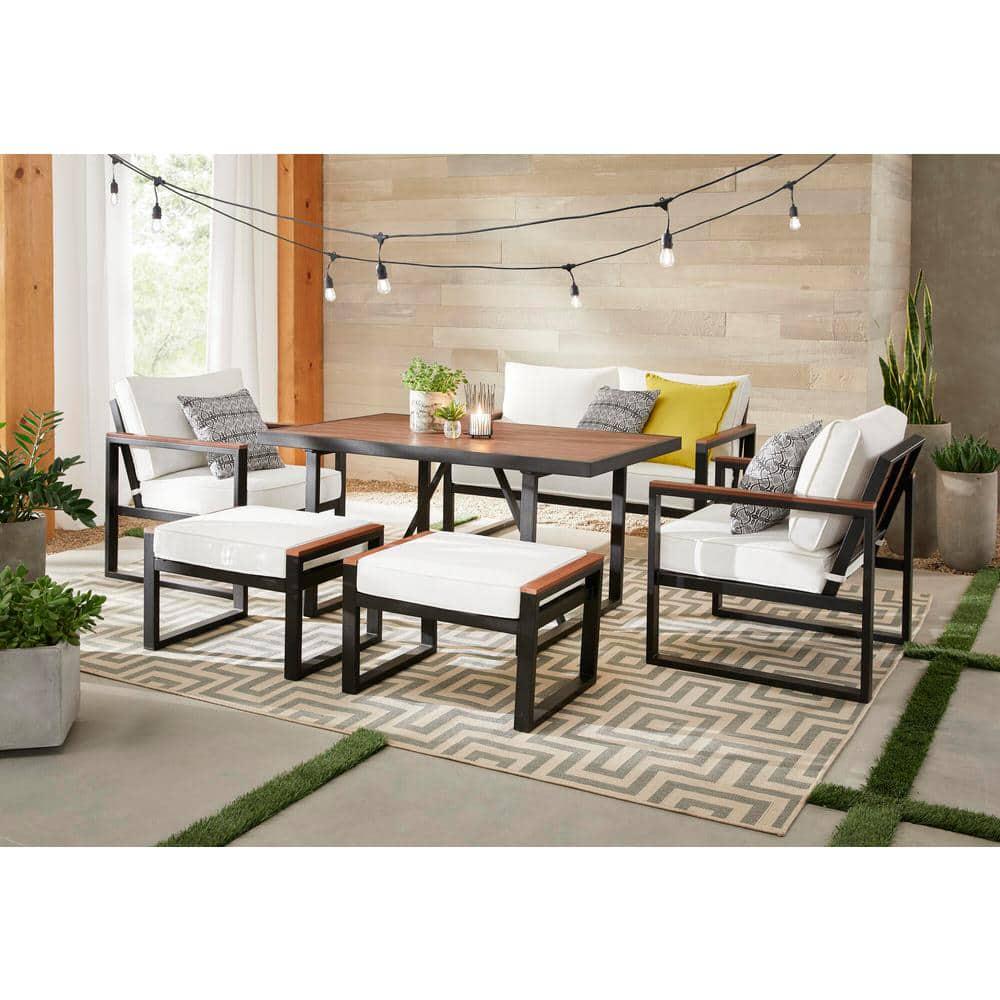 Hampton Bay West Park Black Aluminum Outdoor Patio Ottoman with CushionGuard White Cushion