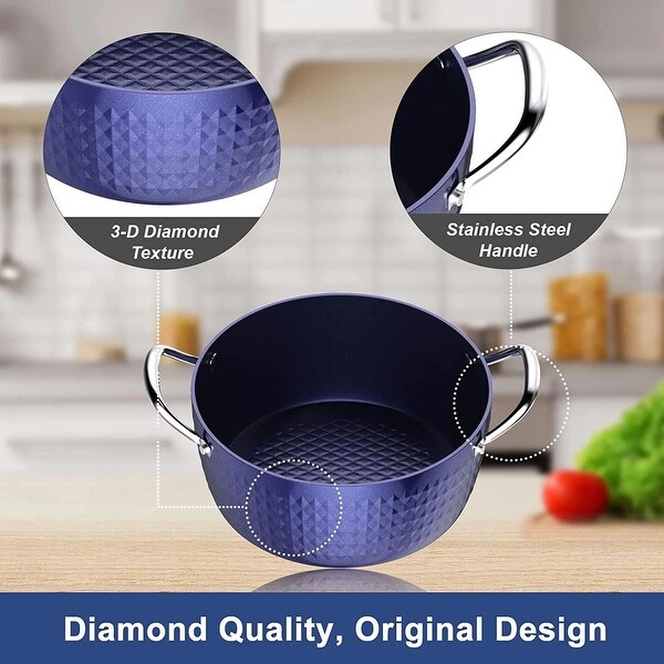 3.7 Quart Cooking Soup Pot with Lid， Round Small Nonstick Soup Pot 3.3 L with Lid， Blue Nonstick Induction Stock Pot