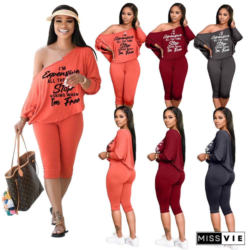 Plus Size Fashion Letter Print Long Sleeve Inclined Shoulder T Shirt Top Cropped Trousers Two Piece Outfit Set