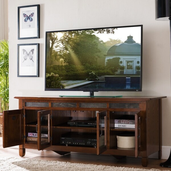 Rustic Oak Wood/ Slate Tile 60 Inch TV Stand