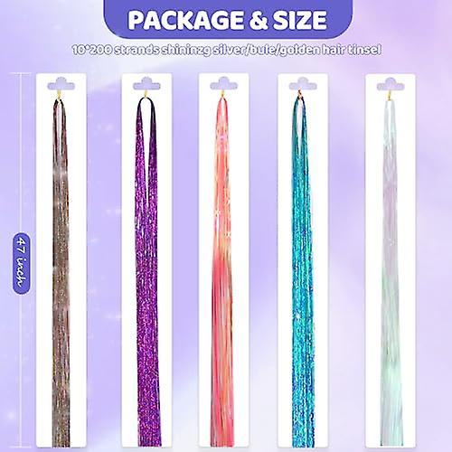 2000 Strands Heat Resistant Hair Tinsel Kit with Tools for Festival Party Dazzle（Gold+Blue+Purple+White+Pink）