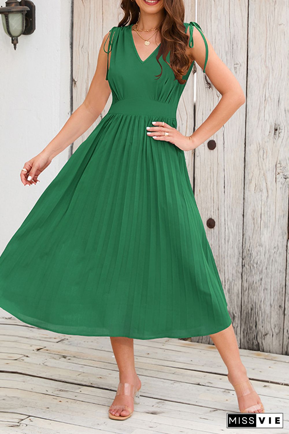 V Neck High Waist Ruched Neck Pleated Midi Dress