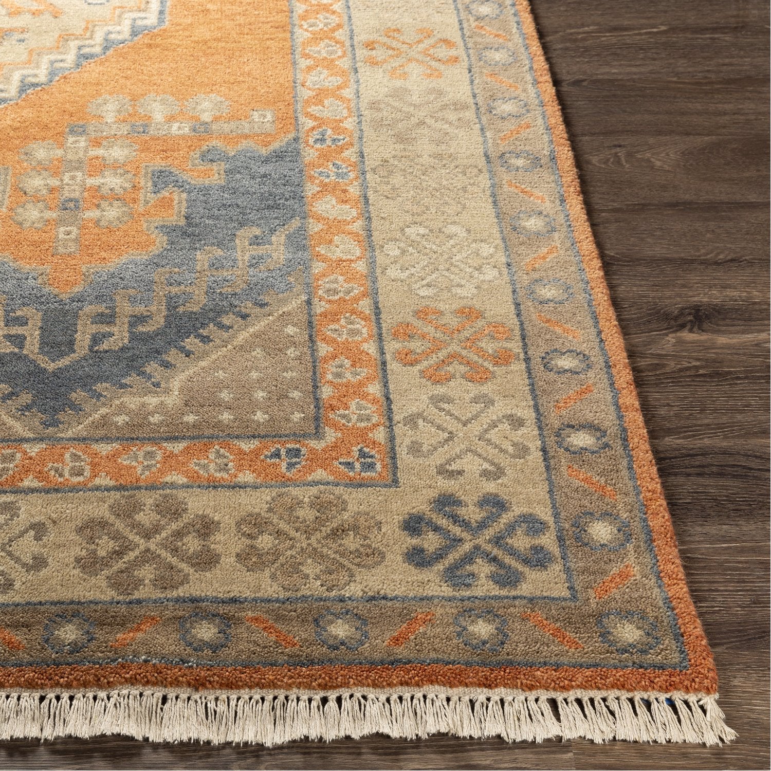 Isparta Hand Knotted Rug in Camel, Tan, Moss, Burnt Orange, Navy, Denim