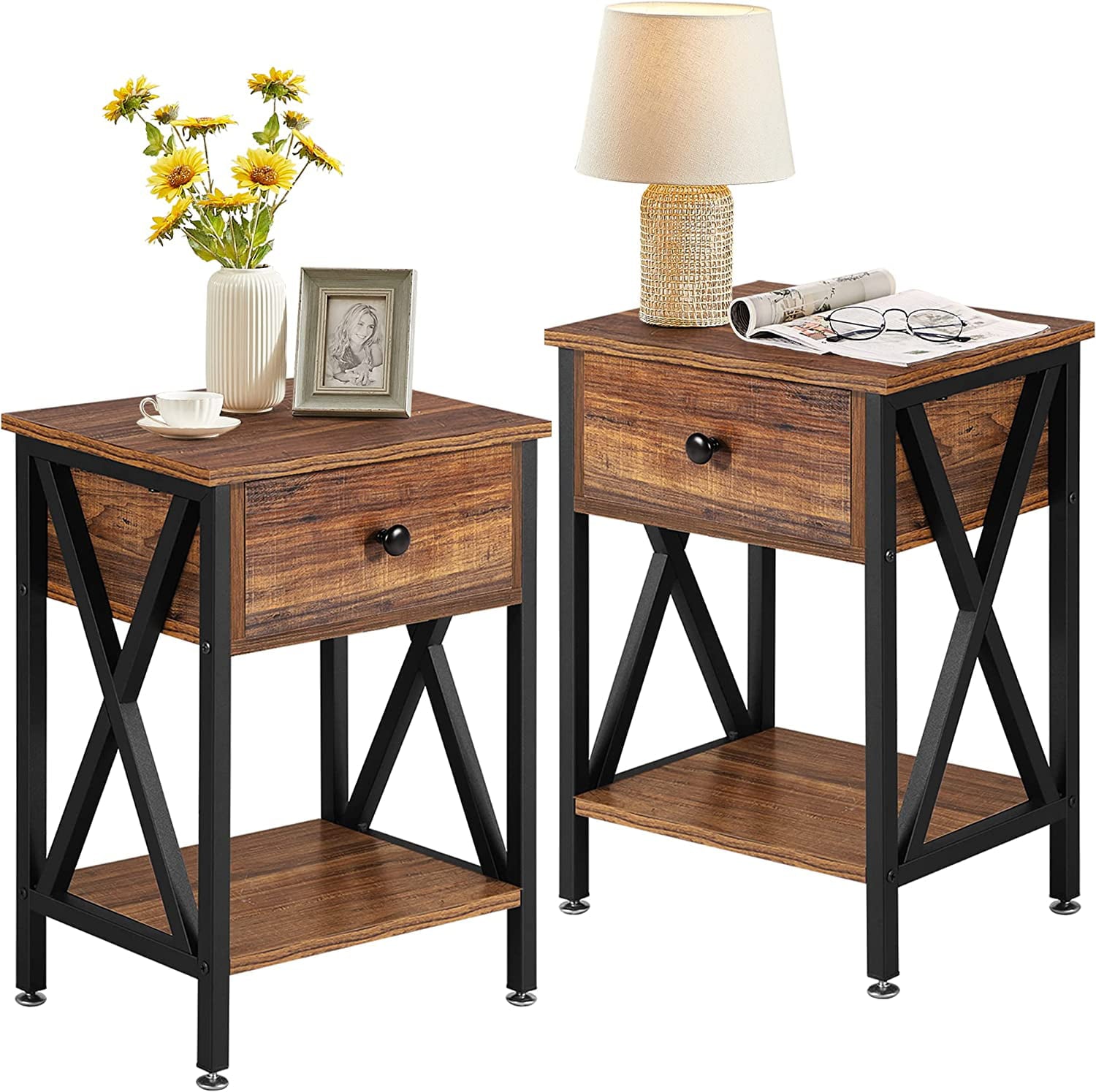 YELROL Nightstand Set of 2  Modern Bedside End Tables  Night Stands with Drawer and Storage Shelf for Living Room Bedroom  Industrial Metal Frame  Brown