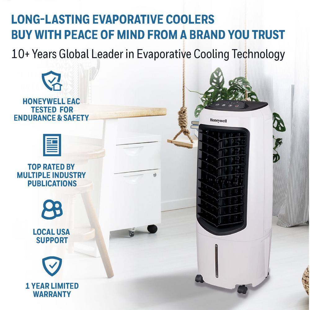 Honeywell 194 CFM 3-Speed Portable Evaporative Cooler Quiet Low Energy Compact Spot Fan and Humidifier in White TC10PEU