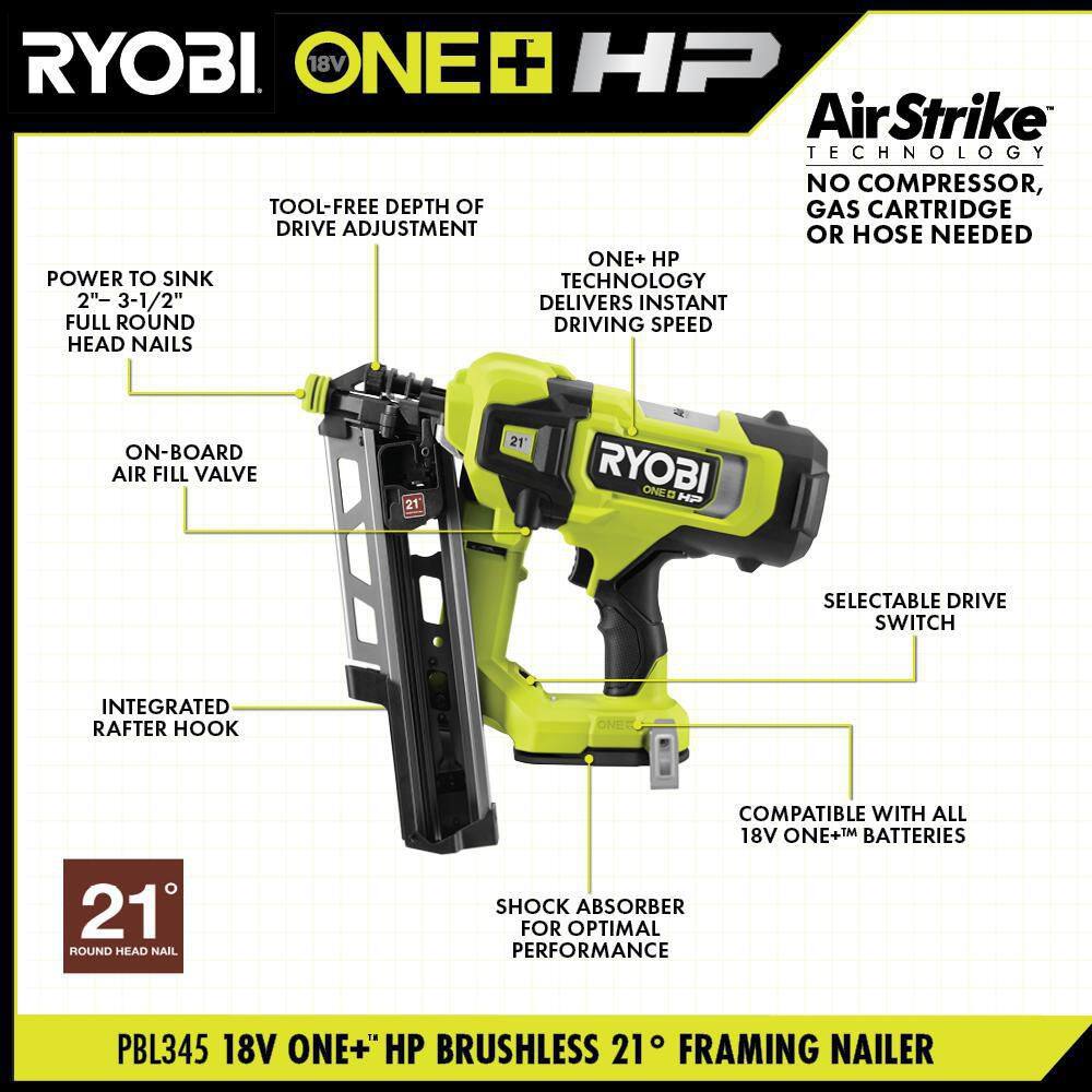 RYOBI ONE+ HP 18V Brushless Cordless AirStrike 21 Framing Nailer (Tool Only) PBL345B