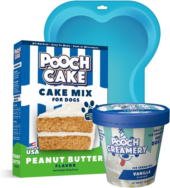 Pooch Cake Basic Starter Plus Peanut Butter Cake Mix with Cake Mold Kit and Pooch Creamery Vanilla Ice Cream， 9-oz box and 5.25-oz carton