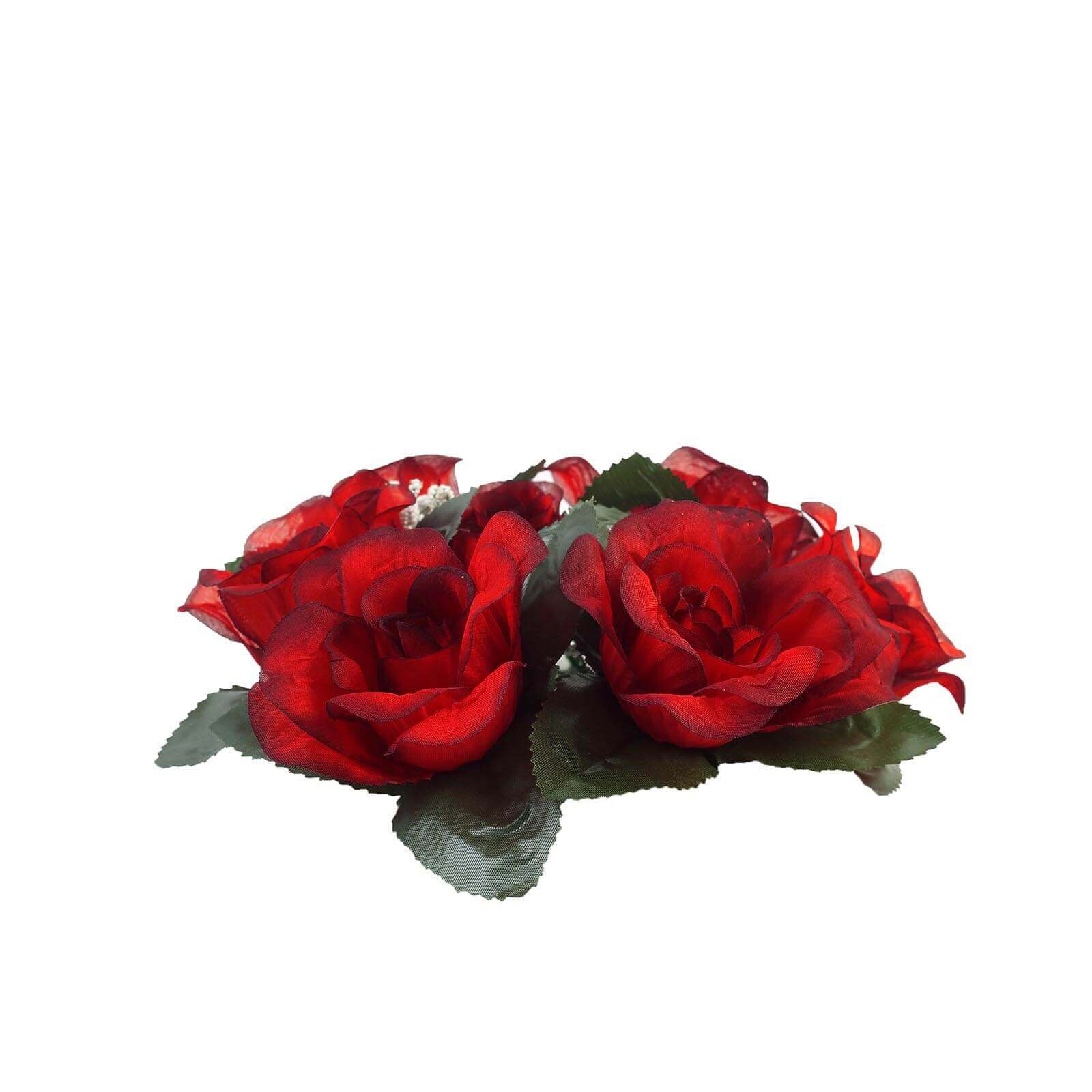 4 Pack Black/Red Artificial Silk Rose Flower Candle Ring Wreaths 3