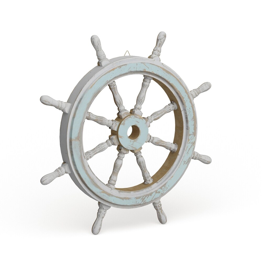 Blue Wood Ship Wheel Sail Boat Wall Decor with Distressing