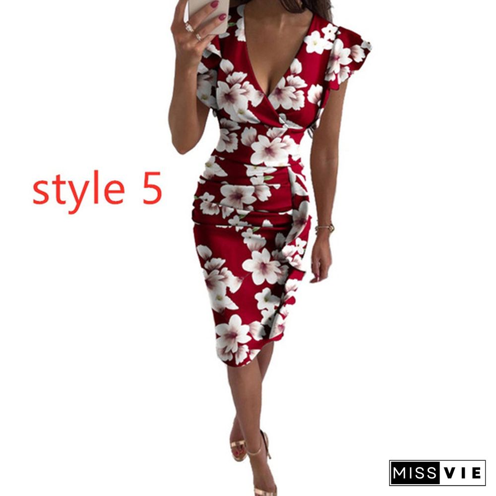 Elegant Floral Print Dresses For Women New Summer Trendy Clothes V-neck Ruffle Party Midi Dress Robe Femme