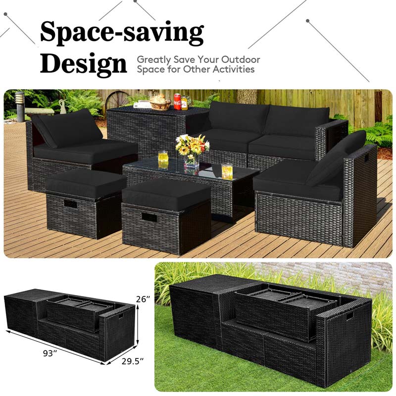 8 Pcs Rattan Wicker Outdoor Patio Furniture Sectional Sofa Set with Storage Box & Waterproof Cover