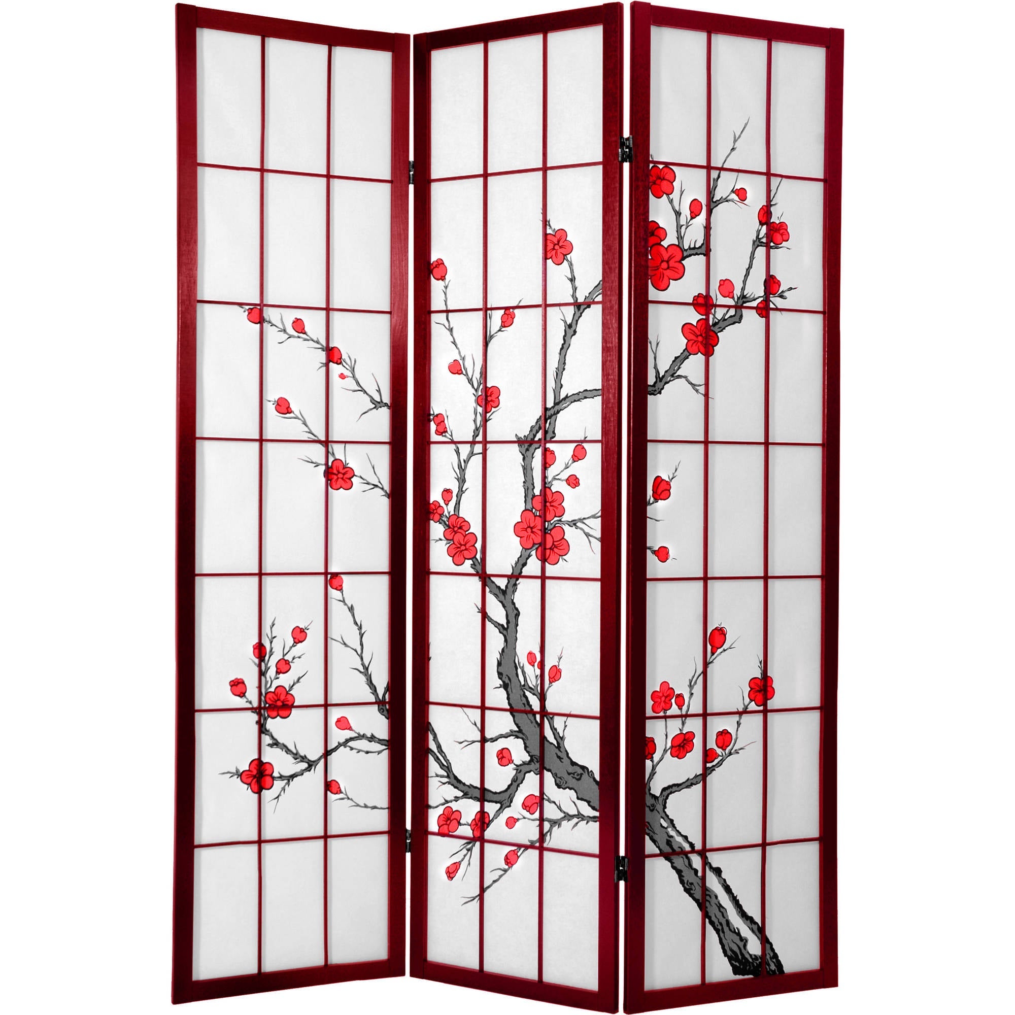 Oriental Furniture 6 ft. Tall Cherry Blossom Shoji Screen Rosewood - 3 Panel