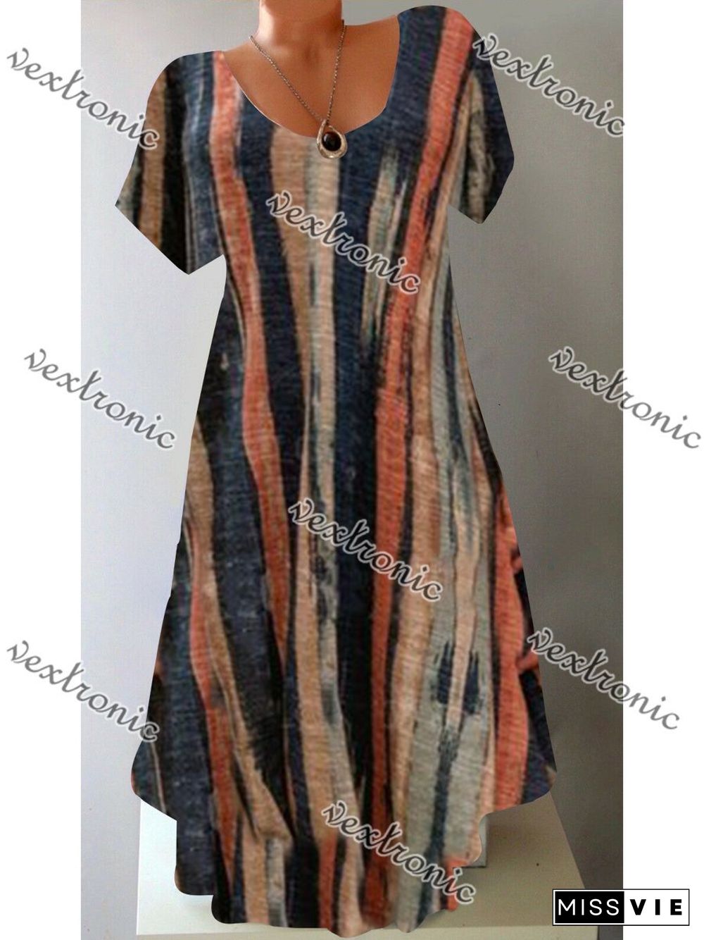 Women's Short Sleeve Scoop Neck Striped Printed Midi Dress