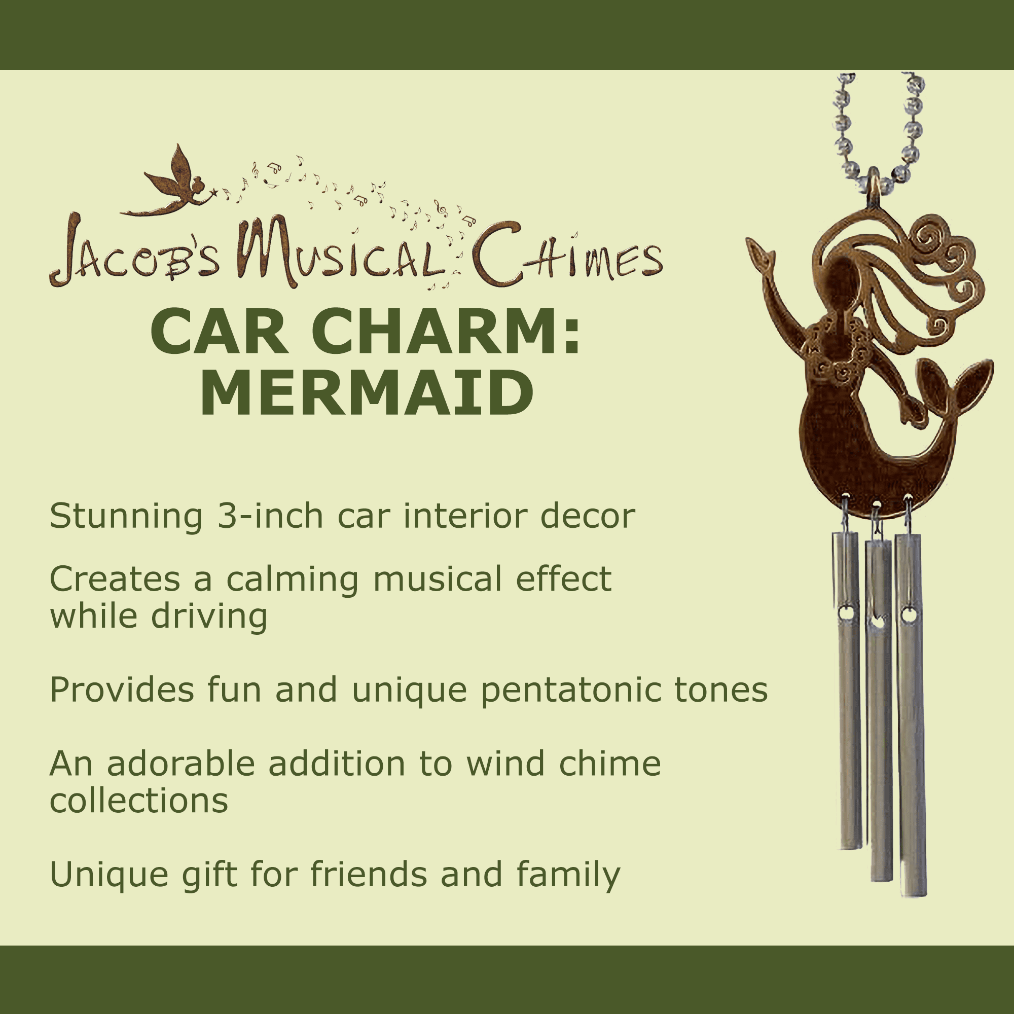 Jacob's Musical Chimes Car Charm， Mermaid， Mini Wind Chime