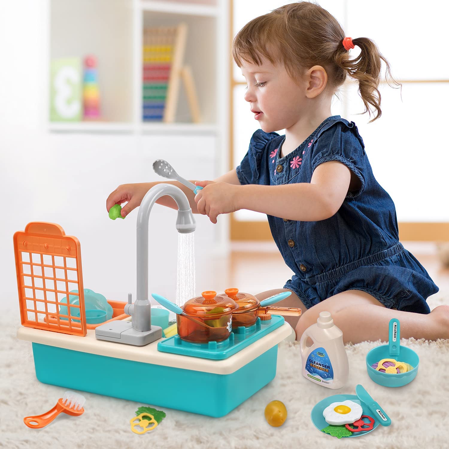 CUTE STONE Play Kitchen Sink Toys with Upgraded Real Faucet， Play Cooking Stove， Cookware Pot and Pan，Play Food， Color Changing Dishes Accessories for Boys Girls Toddlers