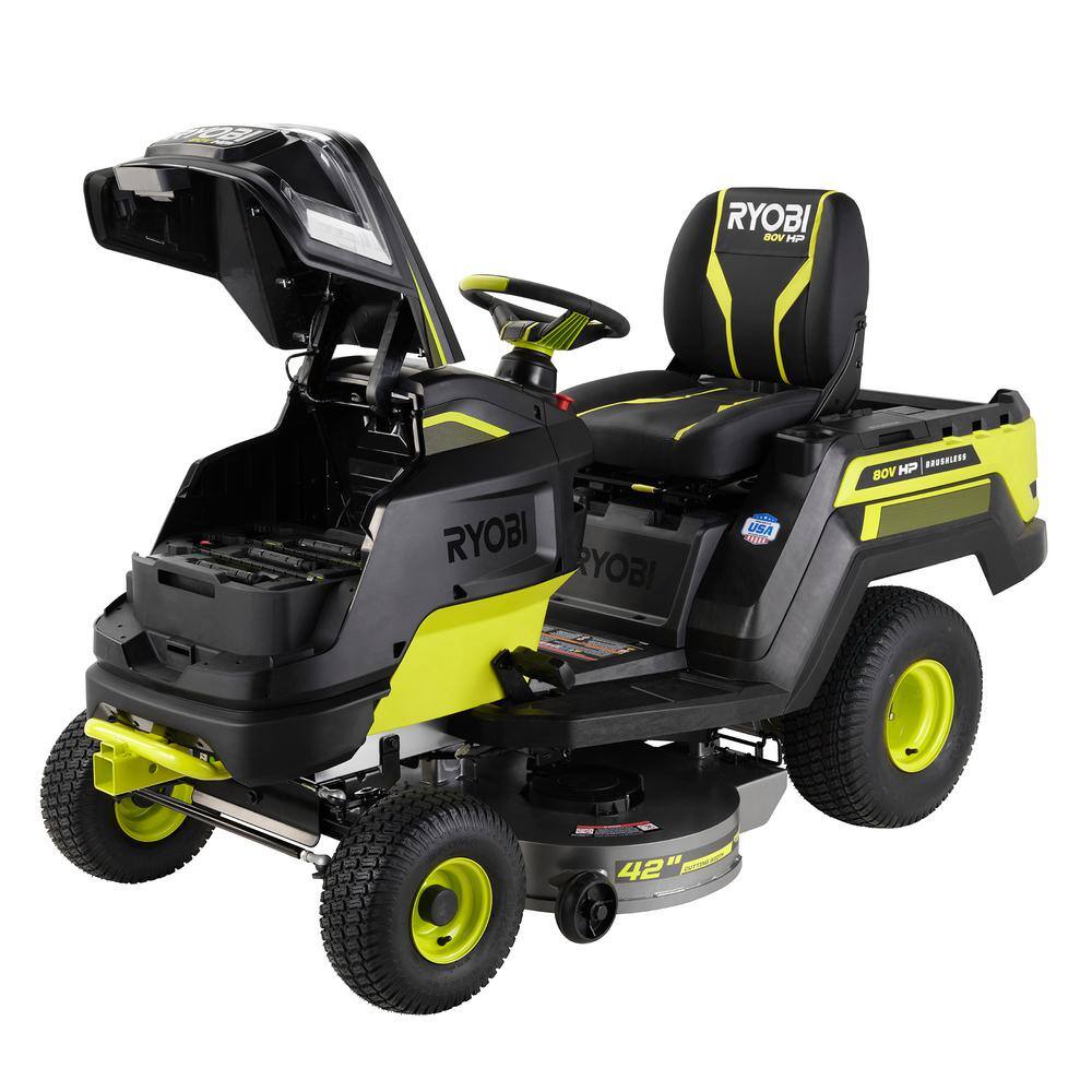 RYOBI 80V HP Brushless 42 in. Battery Electric Cordless Riding Lawn Tractor with (3) 80V 10Ah Batteries and Charger RYRM8060