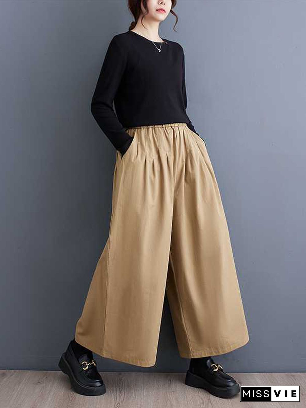 Loose Wide Leg Elasticity Embroidered Pleated Ninth Pants Trousers