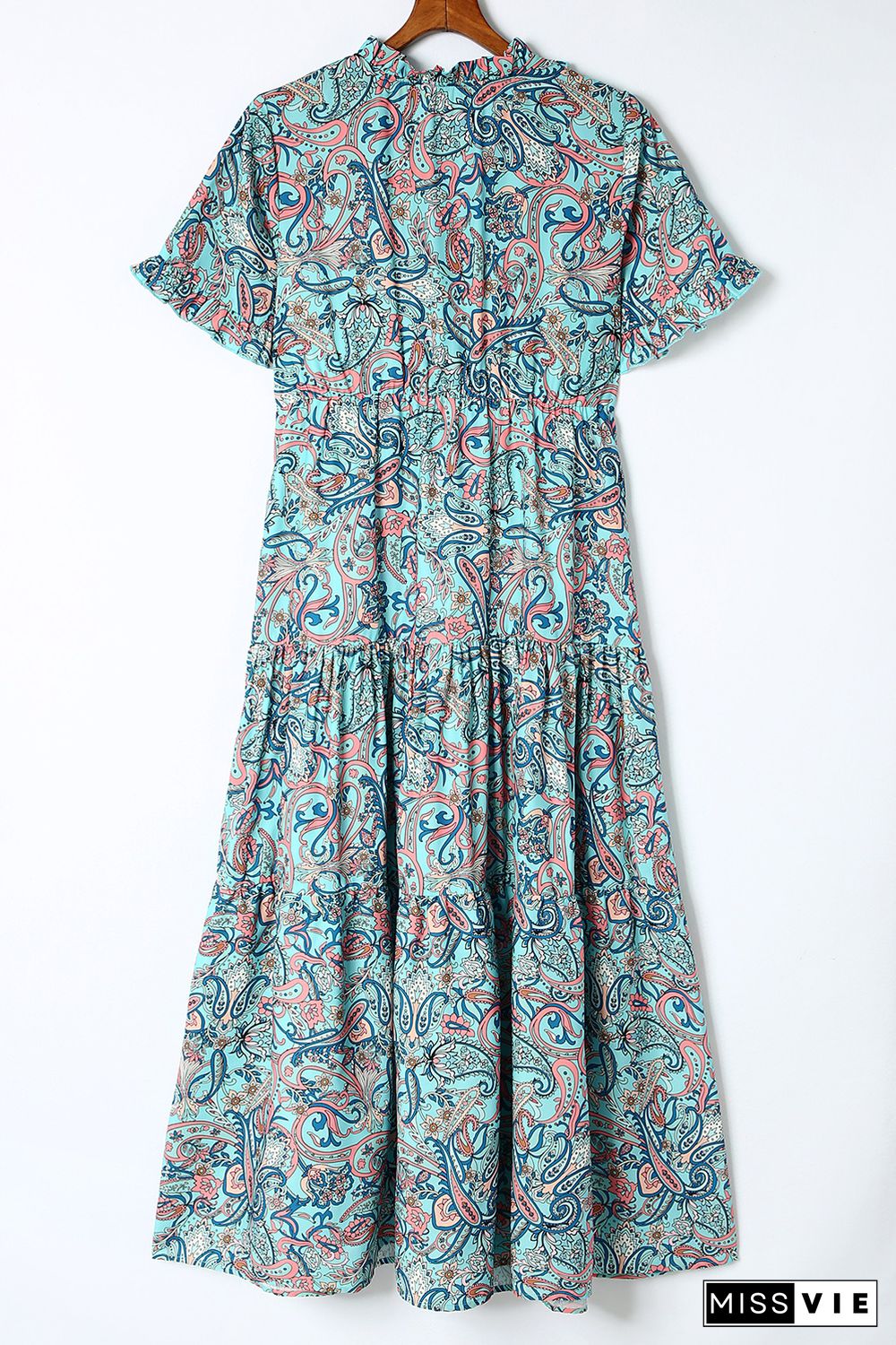 Sky Blue Paisley Print Boho Holiday Ruffle Tiered Maxi Dress