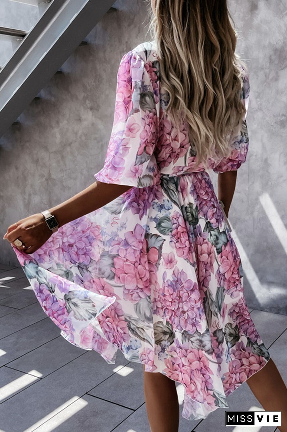 Fashion Elegant Floral Buckle With Belt V Neck Irregular Dress Dresses