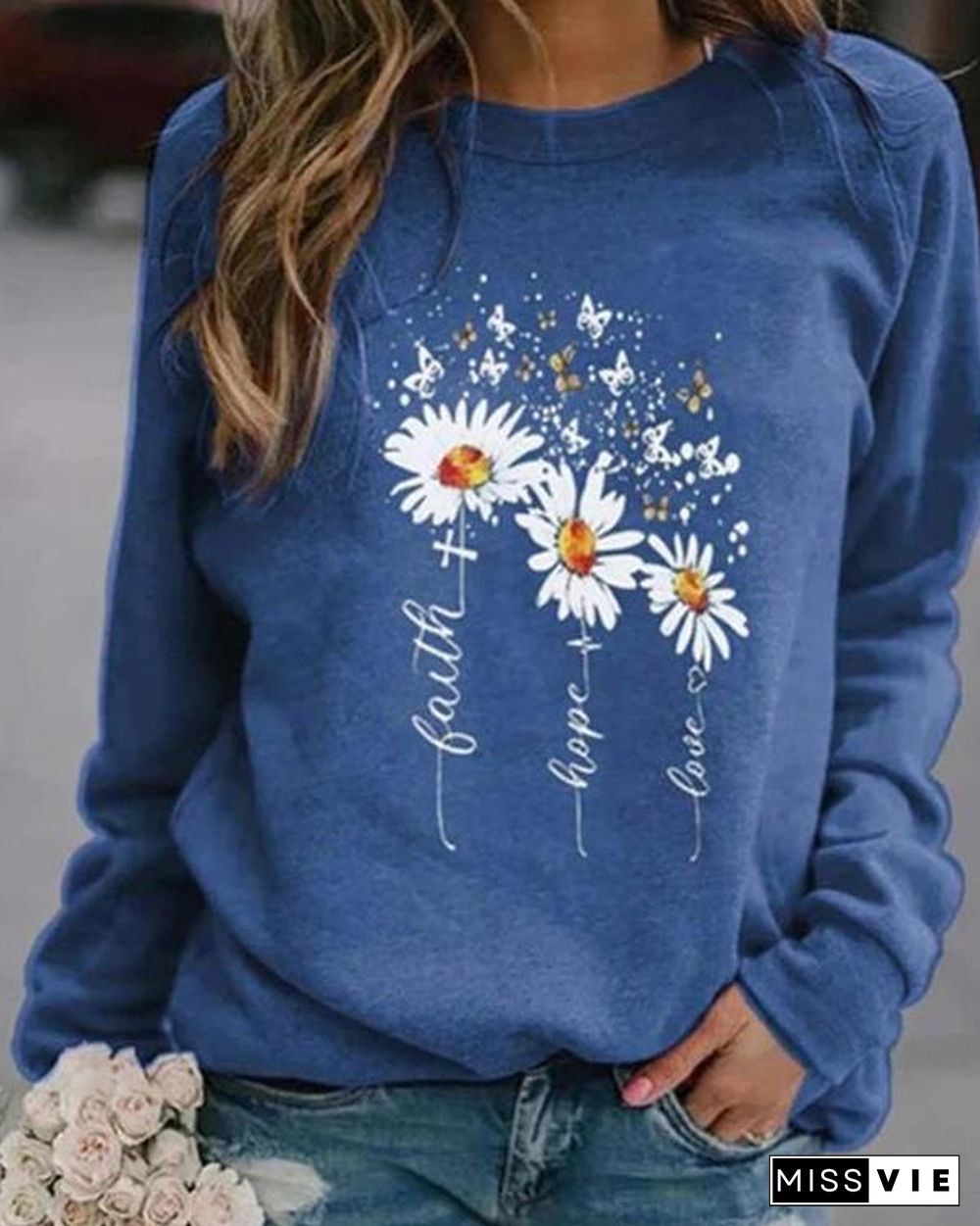 Women Floral Print Casual Round Neckline Sweatshirts