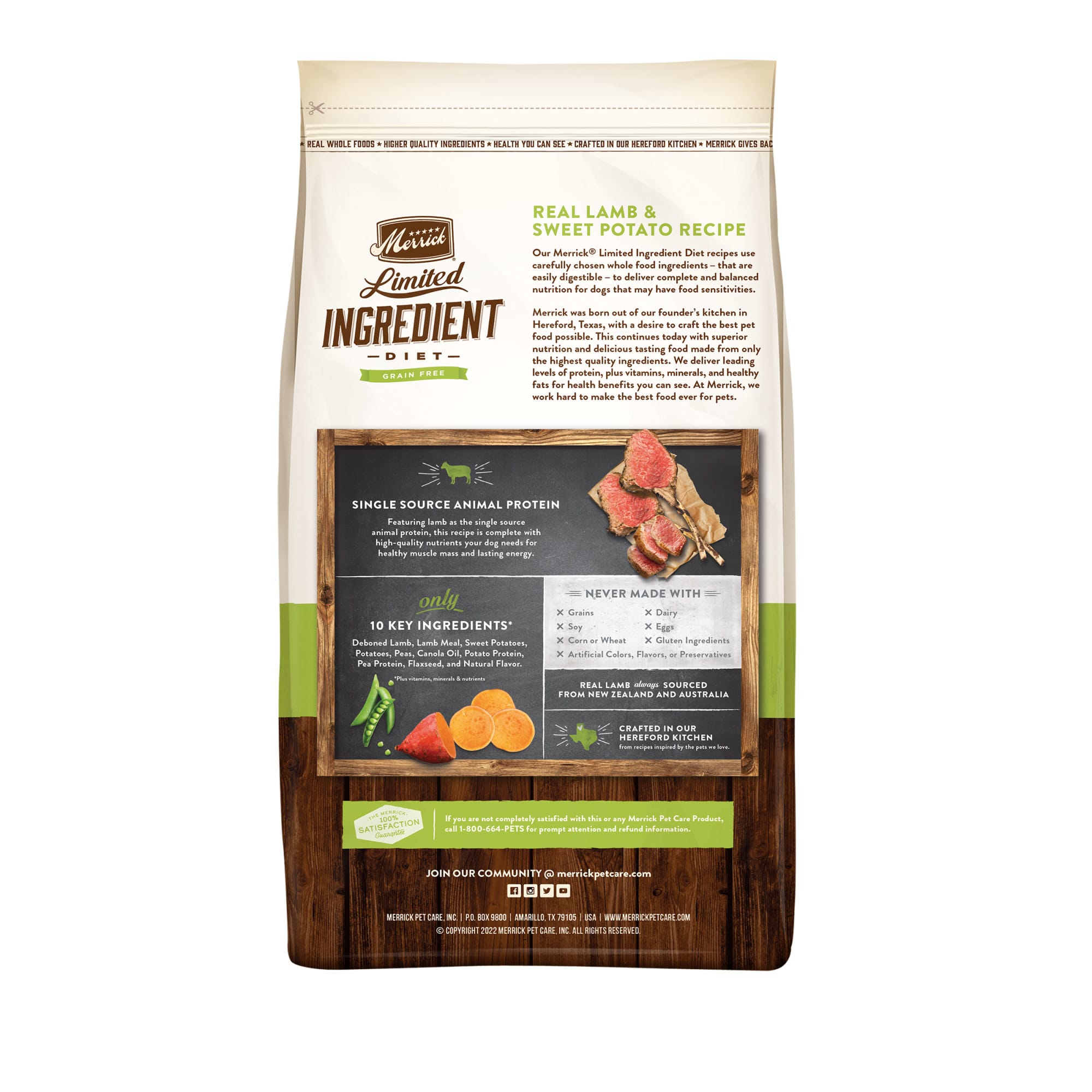 Merrick Grain Free Limited Ingredient Diet Lamb  Sweet Potato Recipe Dry Dog Food， 22 lbs.