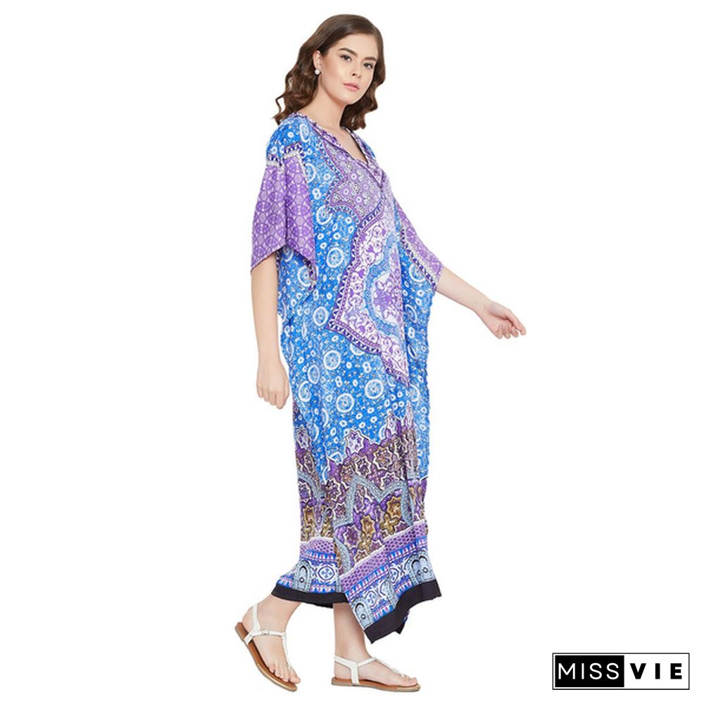 Polyester Kaftans Multiple Print Kimono Sleeves Boho Beach Cover Up Plus Size Lightweight Long Maxi Kaftan Dress