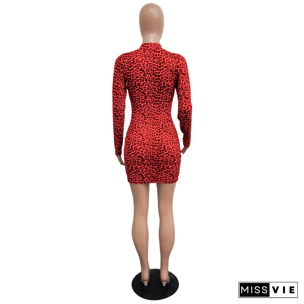 Fashion Leopard Printed High Neck Long Sleeves Mini Sheath Dress