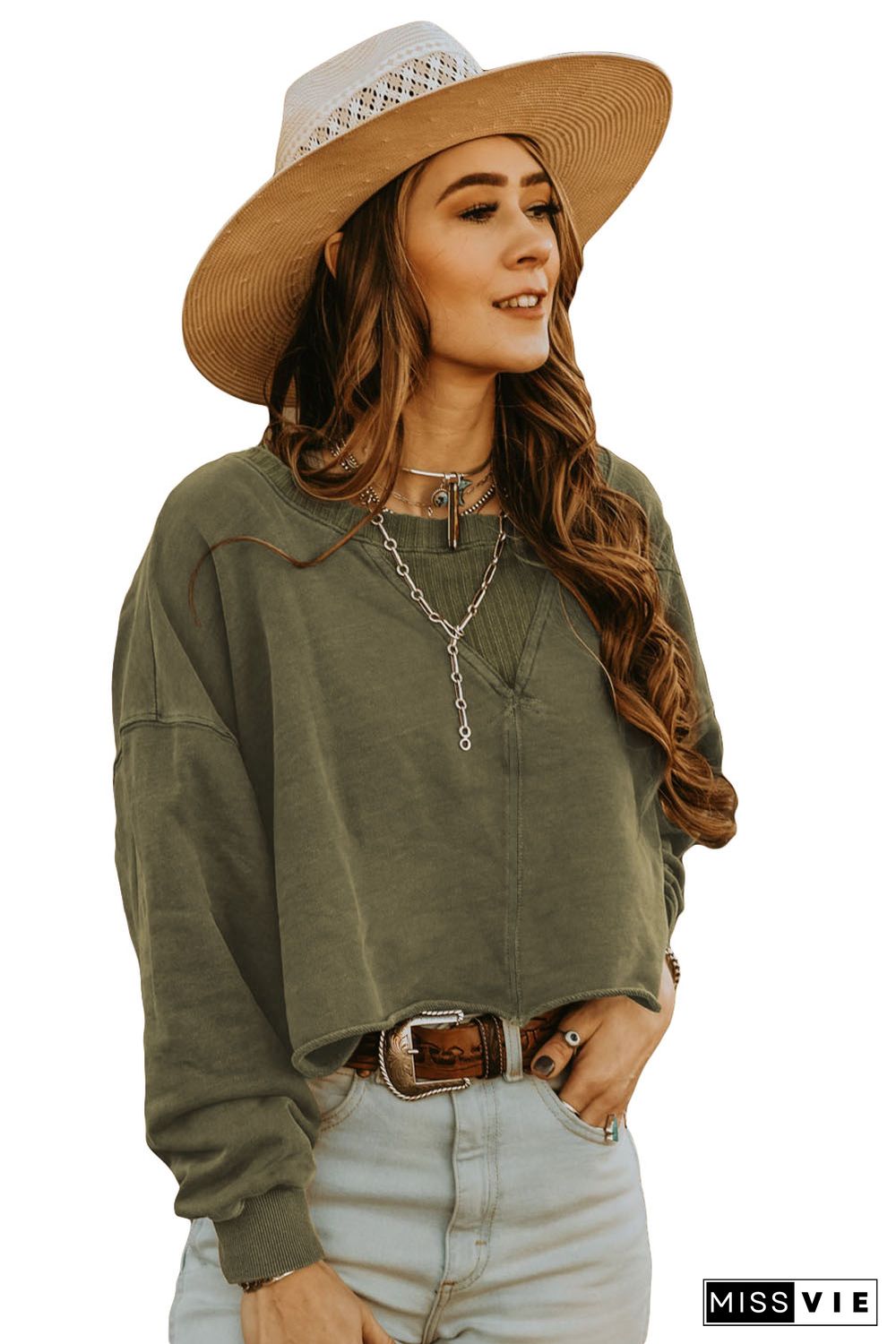 Green Drop Shoulder Cropped Sweatshirt