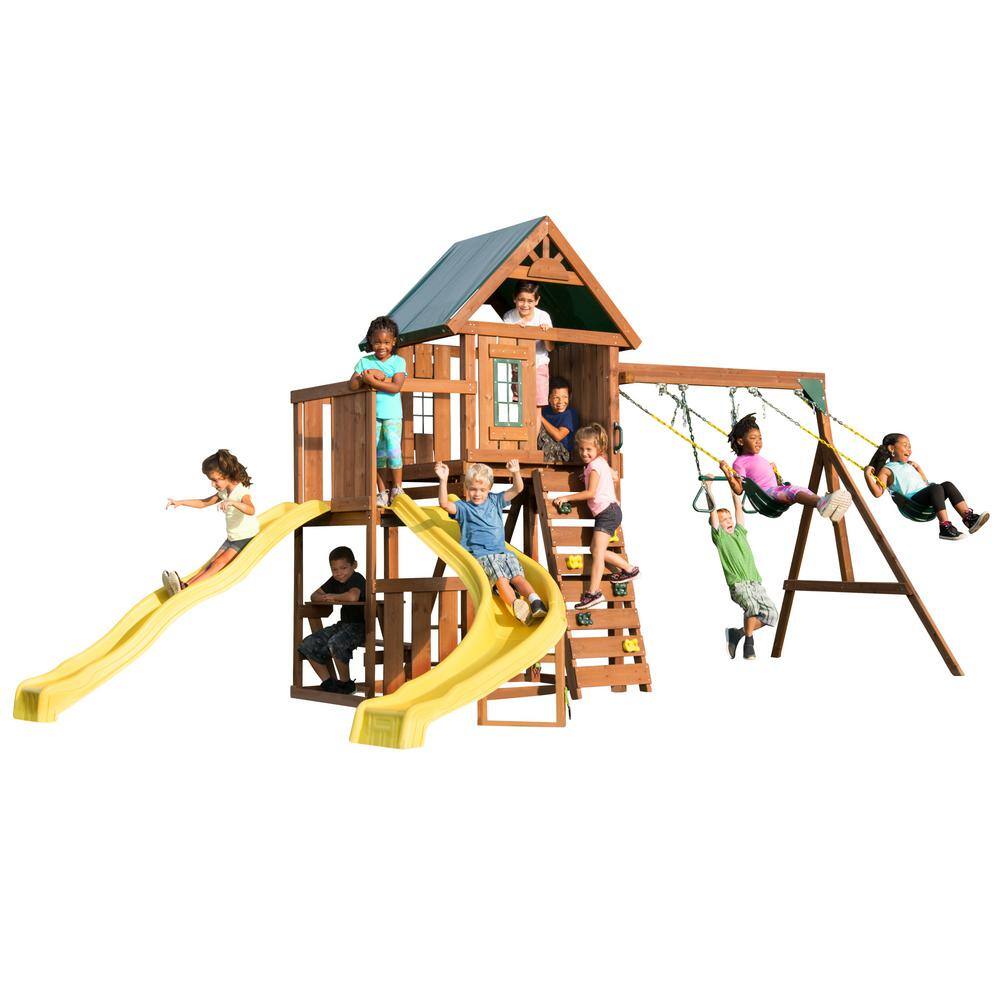 Swing-N-Slide Playsets Castlebrook Ready-To-Assemble Wooden Outdoor Playset with 2 Slides Rock Wall Swings and Swing Set Accessories WS 8355