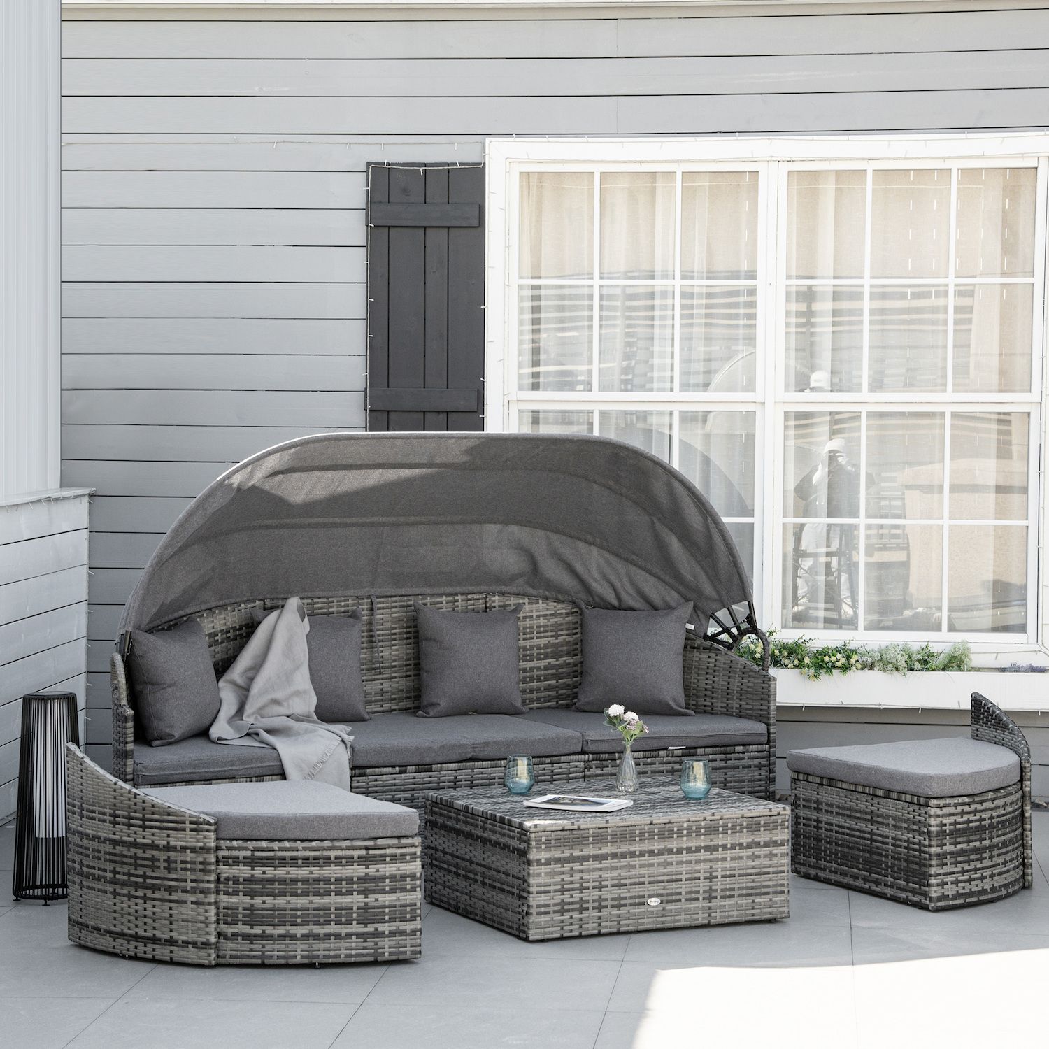 Outsunny 4 Pieces Patio PE Wicker Lounge Set， Outdoor Rattan Garden Conversation Furniture Set， Round Sofa Bed with Cannopy， Cushioned， and Pillows， Grey