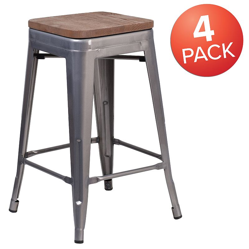 Merrick Lane Set of 4 Hamburg 24 Inch Tall Clear Coated Metal Bar Counter Stool With Textured Elm Wood Seat