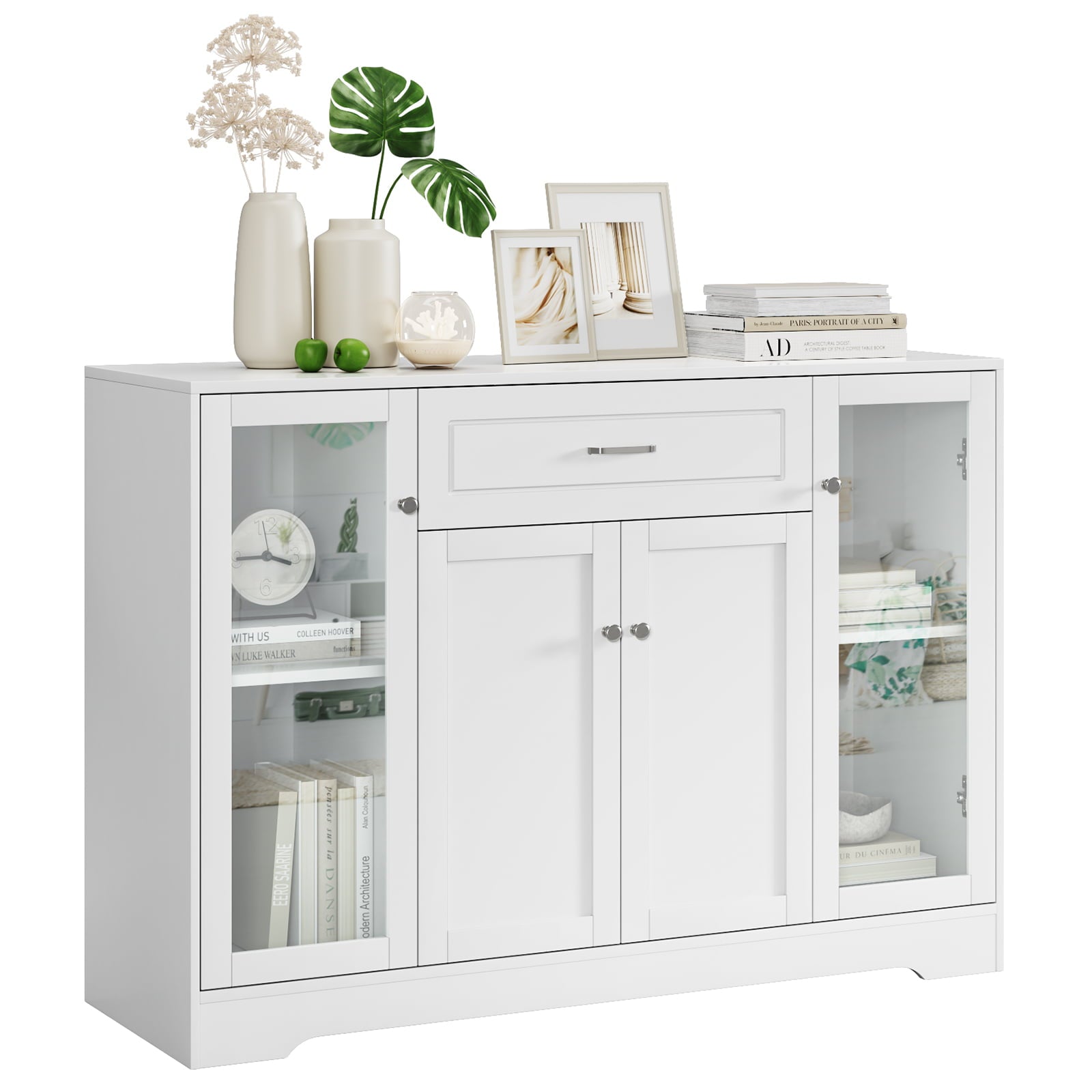 Homfa Storage Cabinet with Glass Door, 47.2"W Wooden Cupboard Kitchen Buffet Sideboard with Drawer, White