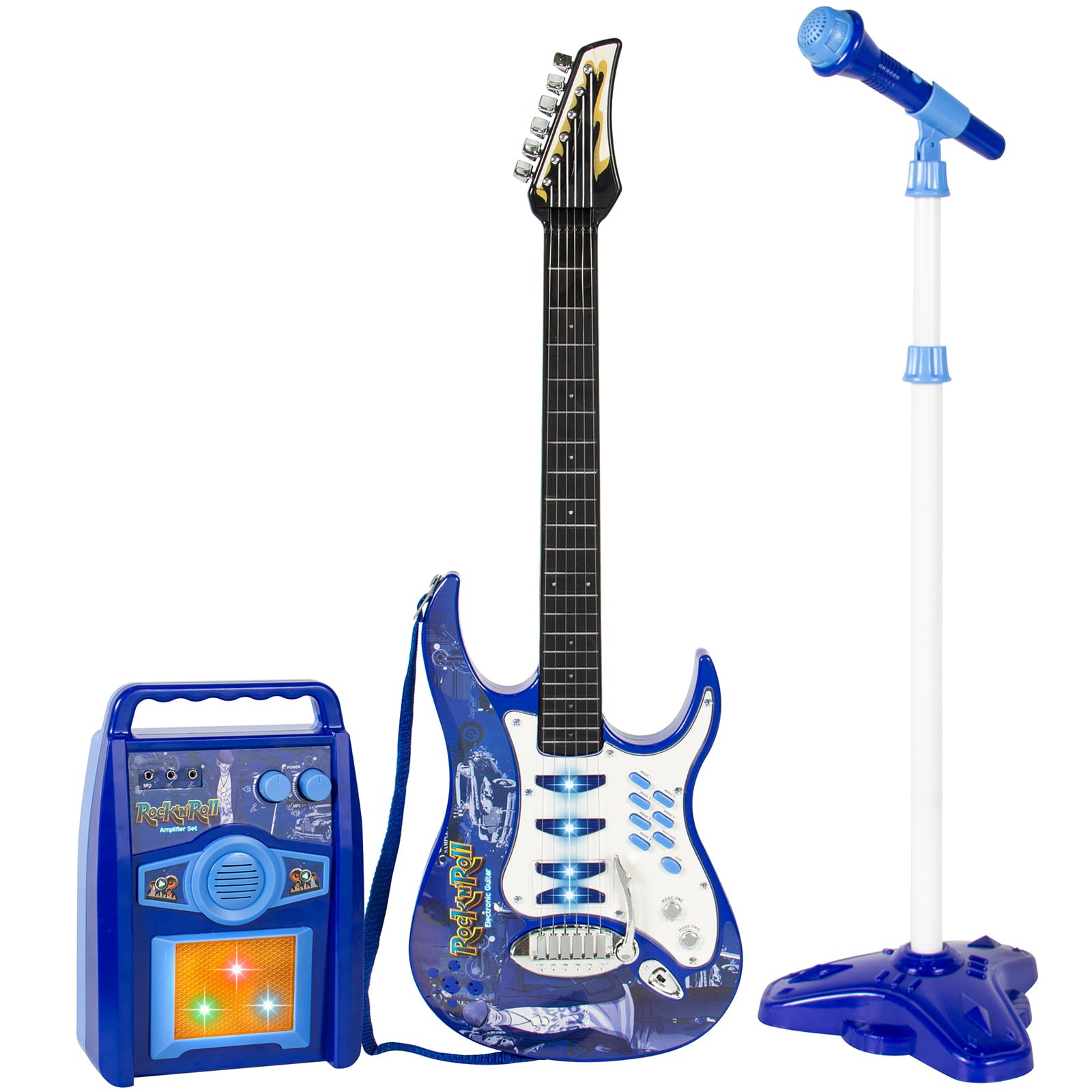 Best Choice Products Kids Electric Musical Guitar Toy Play Set w/ 6 Demo Songs， Whammy Bar， Microphone， Amp， AUX - Blue