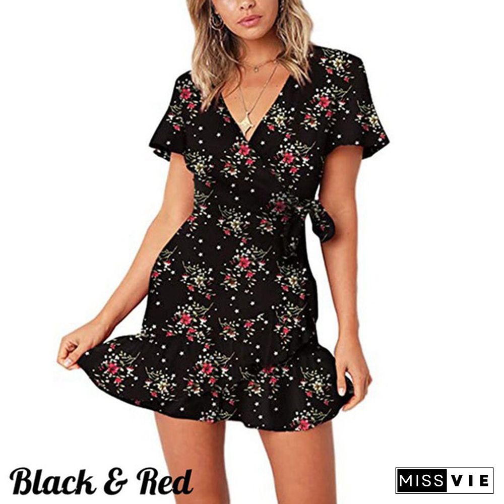 Women's Summer Short Sleeve Print Dress Wrap V Neck Polka Dot Print Ruffle Short Sleeve Mini Floral Dress Casual Short Dresses with Belt