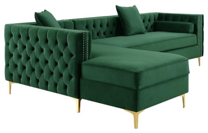 Levi Sofas Hunter Green Velvet 70L x 115W x 30H Gold Nailhead Trim Button Tufted   Midcentury   Sectional Sofas   by Homesquare  Houzz