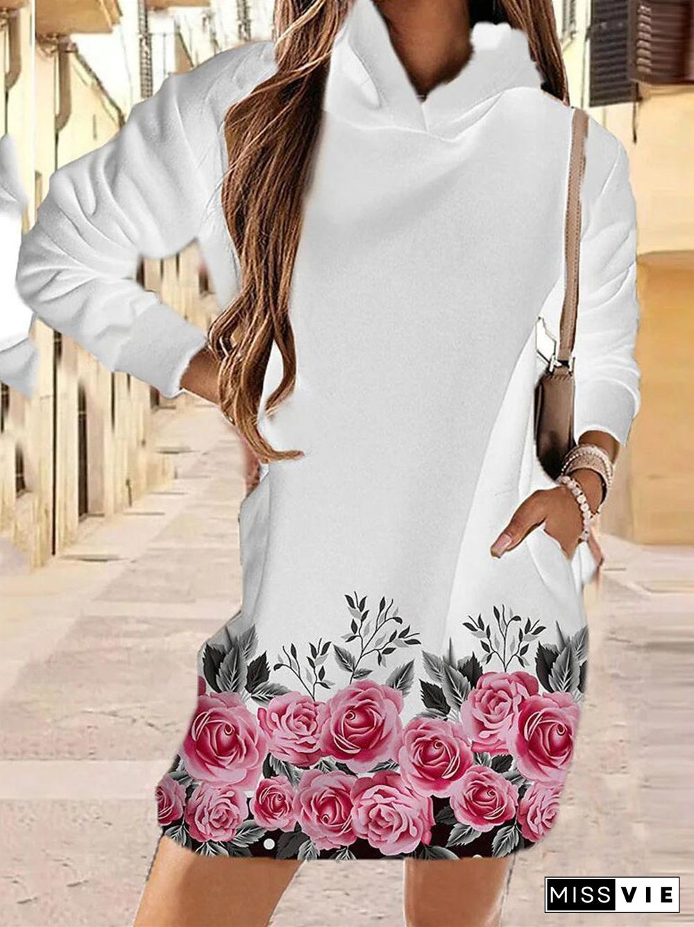 Women Dress Long Sleeve Hooded Floral Printed Mini Dres